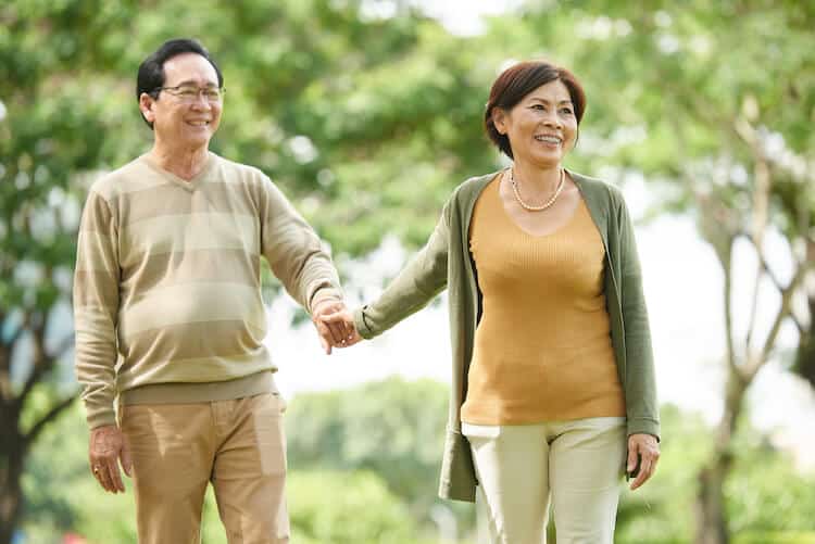 Happy senior couple walking in the park.